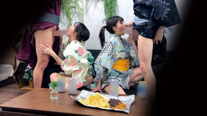スレンダー浴衣娘2人と4P☆お相手交換したらハメ撮りで2回戦突入｜サンプル画像2